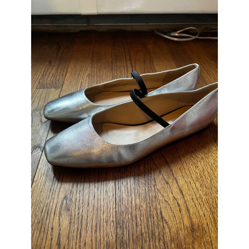 Saks Fifth Avenue Womens Silver Leather Square Toe Mary Jane Ballet Flats 11M - Picture 2 of 8